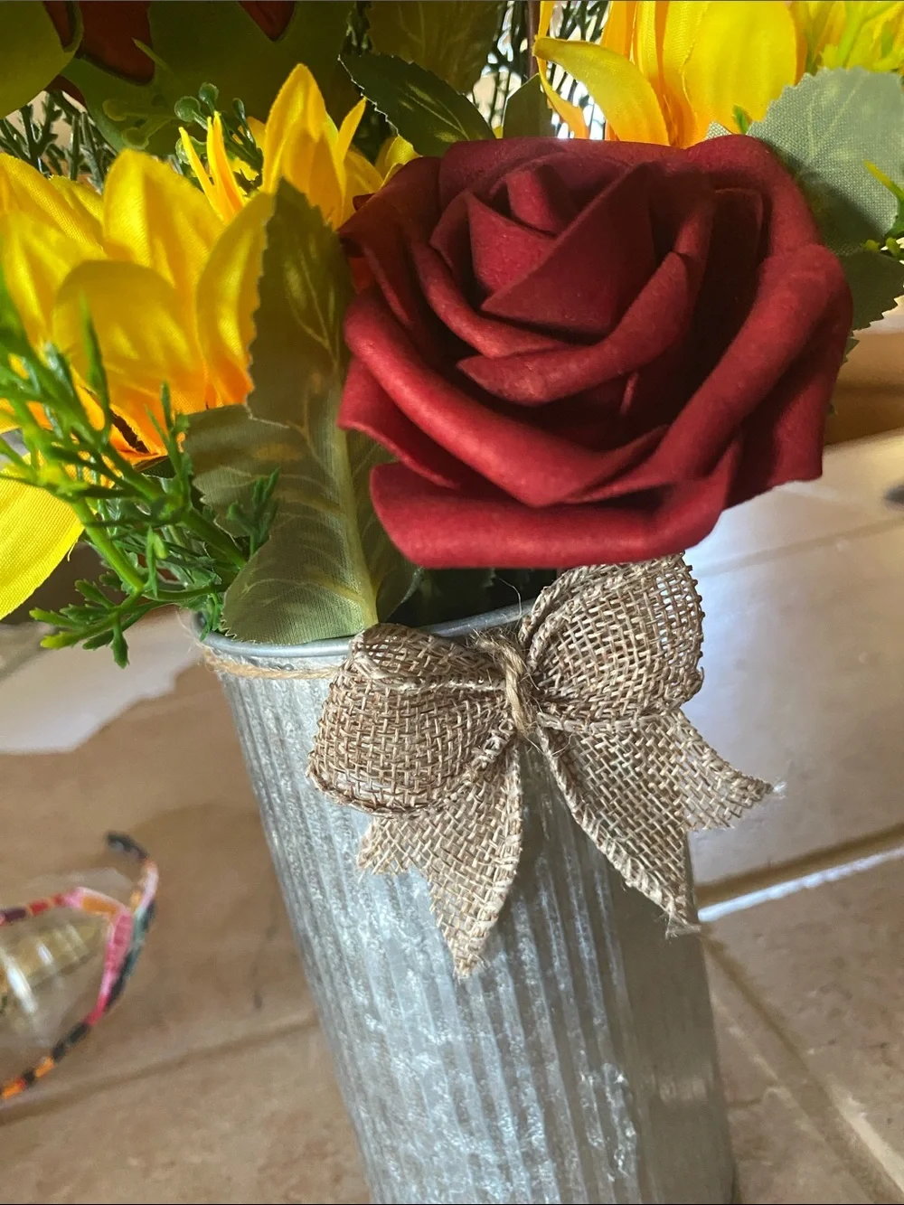 Artificial Burgundy Rose and Yellow Sunflower Arrangement in Silver Vase